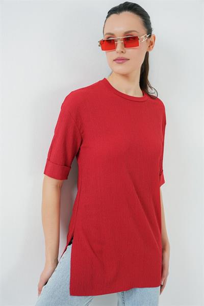 4332 Yanı Yırtmaçlı Örme Tişört - Kırmızı