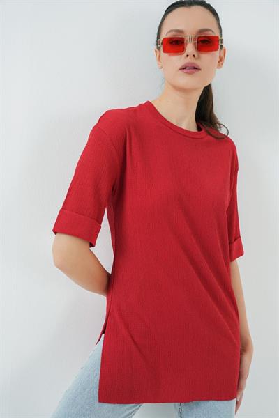 4332 Yanı Yırtmaçlı Örme Tişört - Kırmızı