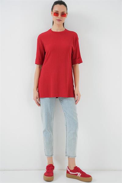 4332 Yanı Yırtmaçlı Örme Tişört - Kırmızı