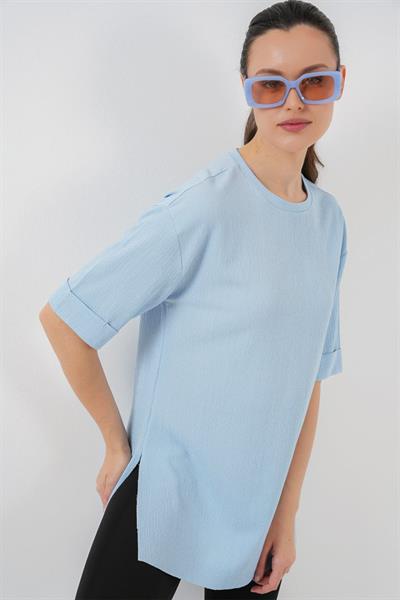 4332 Yanı Yırtmaçlı Örme Tişört - Mavi