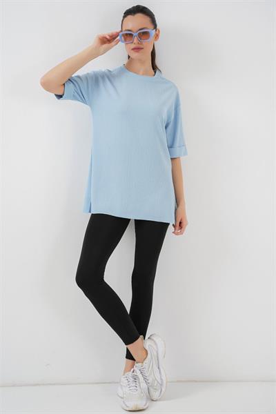 4332 Yanı Yırtmaçlı Örme Tişört - Mavi