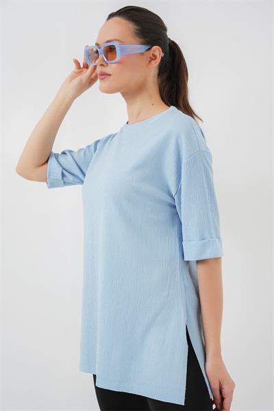 4332 Yanı Yırtmaçlı Örme Tişört - Mavi