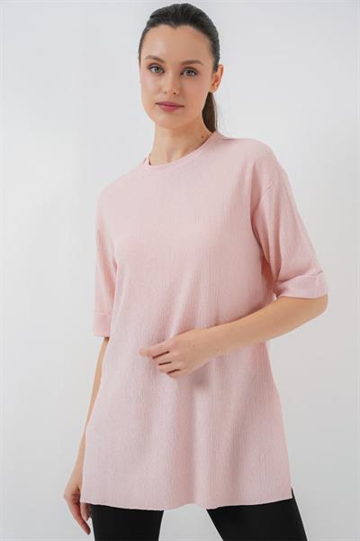 4332 Yanı Yırtmaçlı Örme Tişört - Pudra