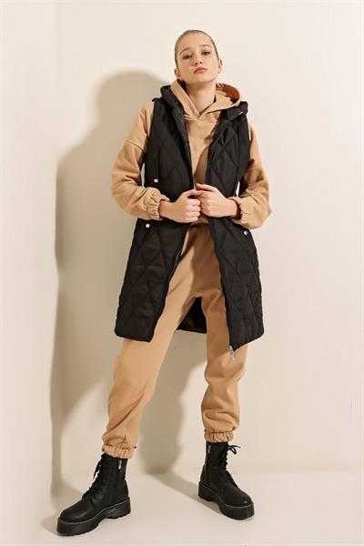 5140 Kapşonlu Uzun Şişme Yelek - Düz Siyah