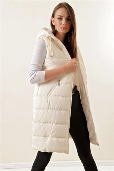 5140 Kapşonlu Uzun Şişme Yelek - Ekru
