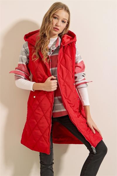 5140 Kapşonlu Uzun Şişme Yelek - Kırmızı