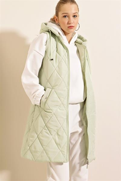 5140 Kapşonlu Uzun Şişme Yelek - Mint