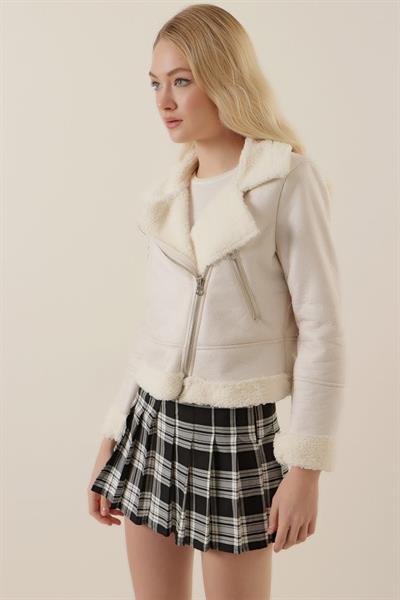 5155 Kruvaze Yaka Suni Kürklü Deri Mont - A.Beyaz