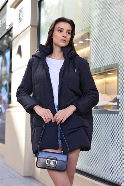 5163 Kapüşonlu Oversize Şişme Mont - Lacivert