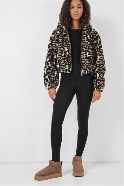 5193 Kapüşonlu Peluş Crop Ceket - D.Kahve