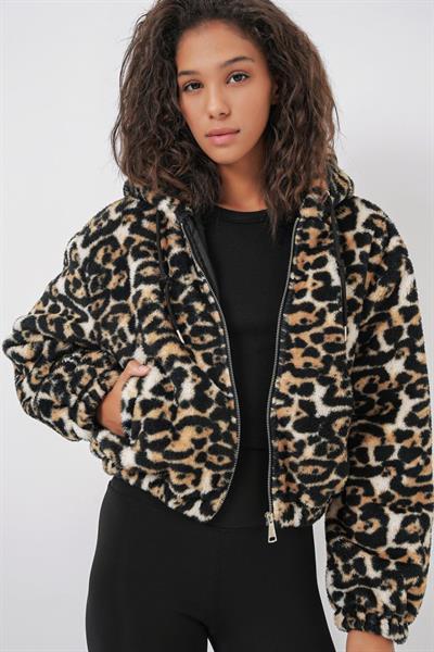 5193 Kapüşonlu Peluş Crop Ceket - D.Kahve