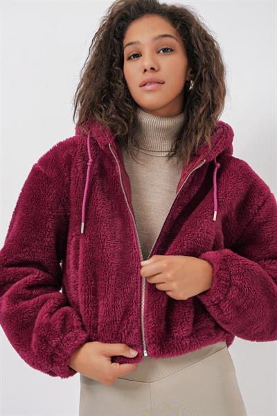 5193 Kapüşonlu Peluş Crop Ceket - Mürdüm