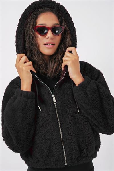 5193 Kapüşonlu Peluş Crop Ceket - Siyah