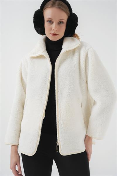 5211 Fermuarlı Peluş Mont - Ekru