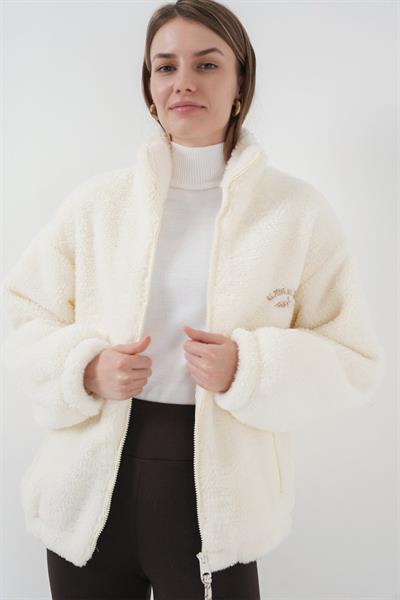 5212 Oversize Peluş Ceket Mont - Ekru