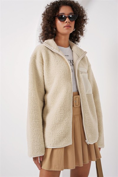 55446 Fermuarlı Oversize Peluş Ceket - Krem