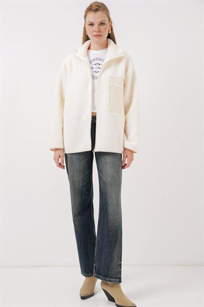55446 Fermuarlı Oversize Peluş Mont - Bej