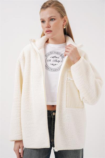 55446 Fermuarlı Oversize Peluş Mont - Bej