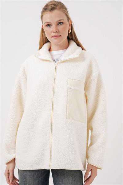 55446 Fermuarlı Oversize Peluş Mont - Bej