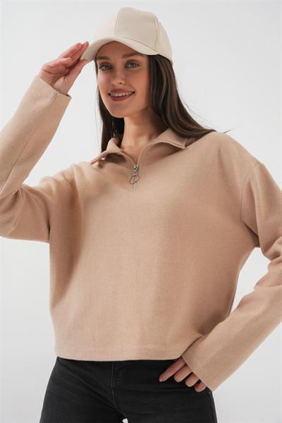 55449 Fermuarlı Yaka Örme Sweatshirt - Camel