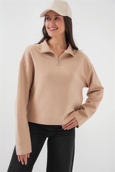 55449 Fermuarlı Yaka Örme Sweatshirt - Camel