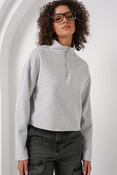 55449 Fermuarlı Yaka Örme Sweatshirt - Gri