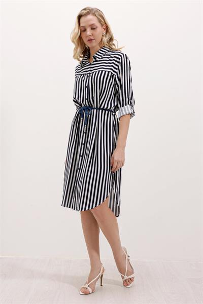 5629 Çizgili Kemerli Elbise - Lacivert