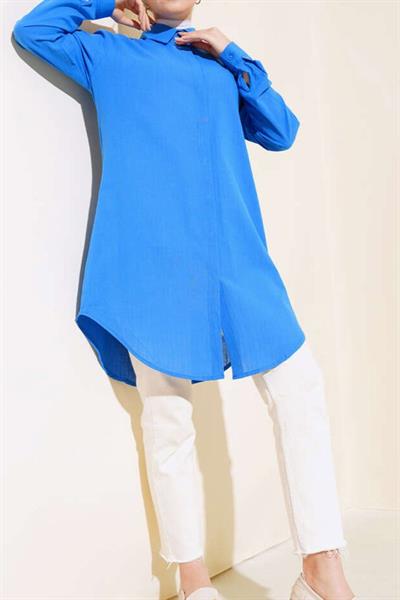 5885 Uzun Keten Gömlek - Saks