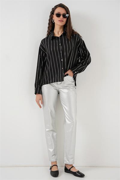 5924 Gümüş Çizgili Gömlek - Siyah