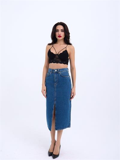 6471 DENİM MIDI SLIT SKIRT-KOYU MAVİ