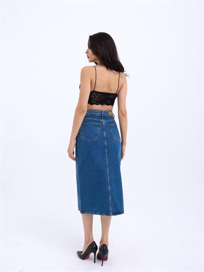 6471 DENİM MIDI SLIT SKIRT-KOYU MAVİ