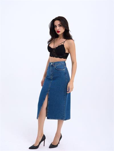 6471 DENİM MIDI SLIT SKIRT-KOYU MAVİ