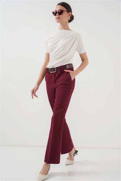 6538 Kemerli İspanyol Paça Pantolon - Bordo