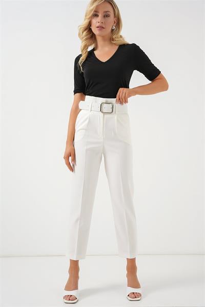 6556 Kemerli Kumaş Pantolon - Ekru
