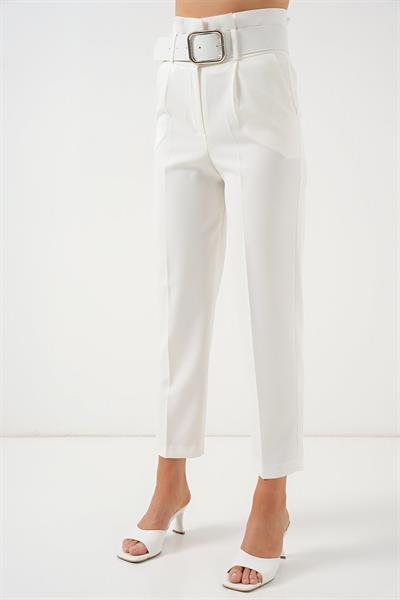 6556 Kemerli Kumaş Pantolon - Ekru