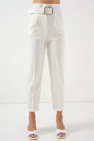 6556 Kemerli Kumaş Pantolon - Ekru