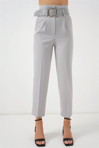 6556 Kemerli Kumaş Pantolon - Gri