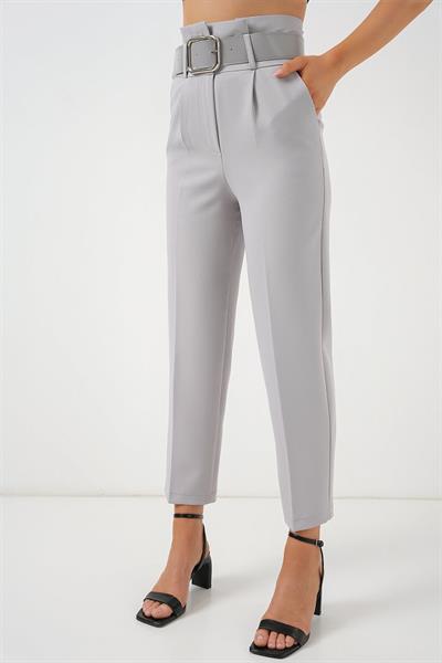 6556 Kemerli Kumaş Pantolon - Gri