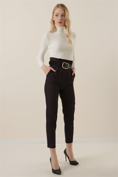 6556 Kemerli Kumaş Pantolon - Siyah