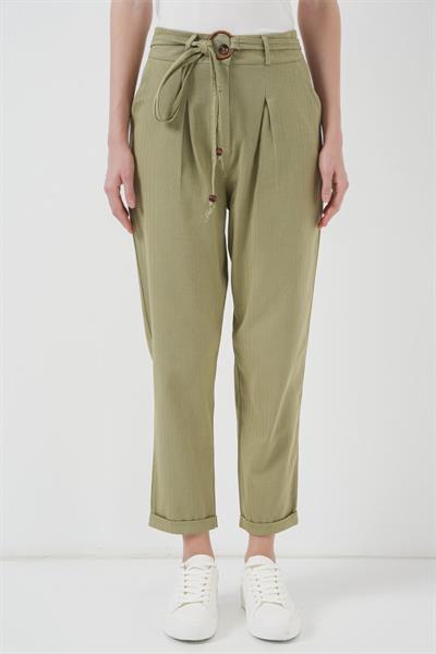 6660 Kemerli Keten Pantolon - Haki