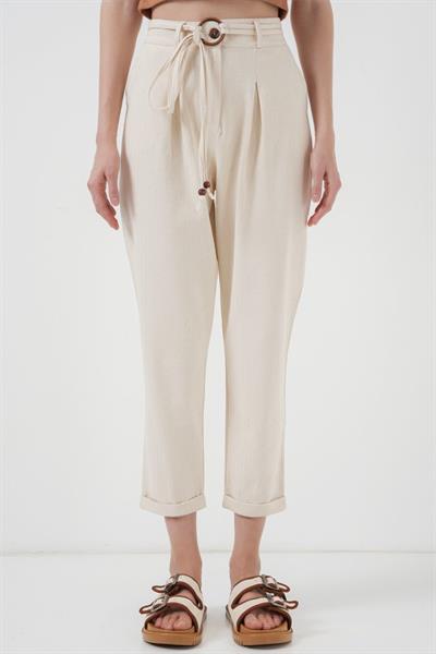 6660 Kemerli Keten Pantolon - Krem