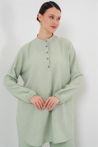 6678 Keten Tunik Pantolon İkili Takım - E.Yeşil