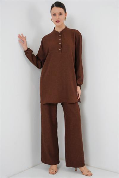 6678 Keten Tunik Pantolon İkili Takım - Kahverengi