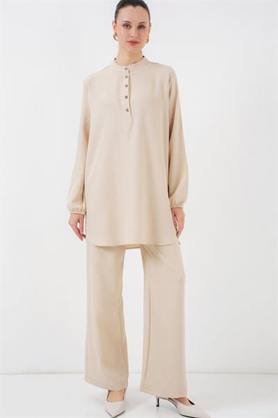 6678 Keten Tunik Pantolon İkili Takım - Bej