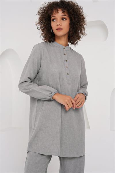 6678 Keten Tunik Pantolon İkili Takım - Gri