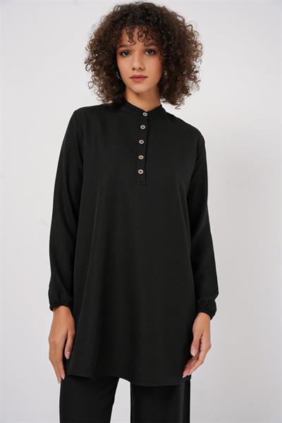 6678 Keten Tunik Pantolon İkili Takım - Siyah