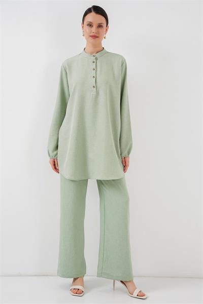 6678 Keten Tunik Pantolon İkili Takım - E.Yeşil