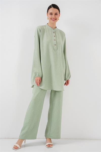 6678 Keten Tunik Pantolon İkili Takım - E.Yeşil