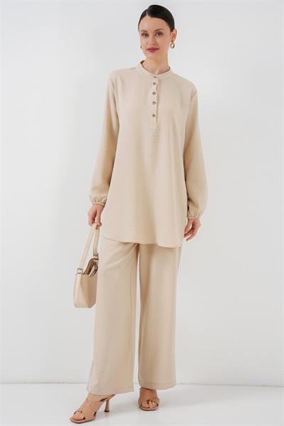 6678 Keten Tunik Pantolon İkili Takım - Krem