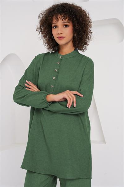 6678 Keten Tunik Pantolon İkili Takım - Zümrüt Yeşili